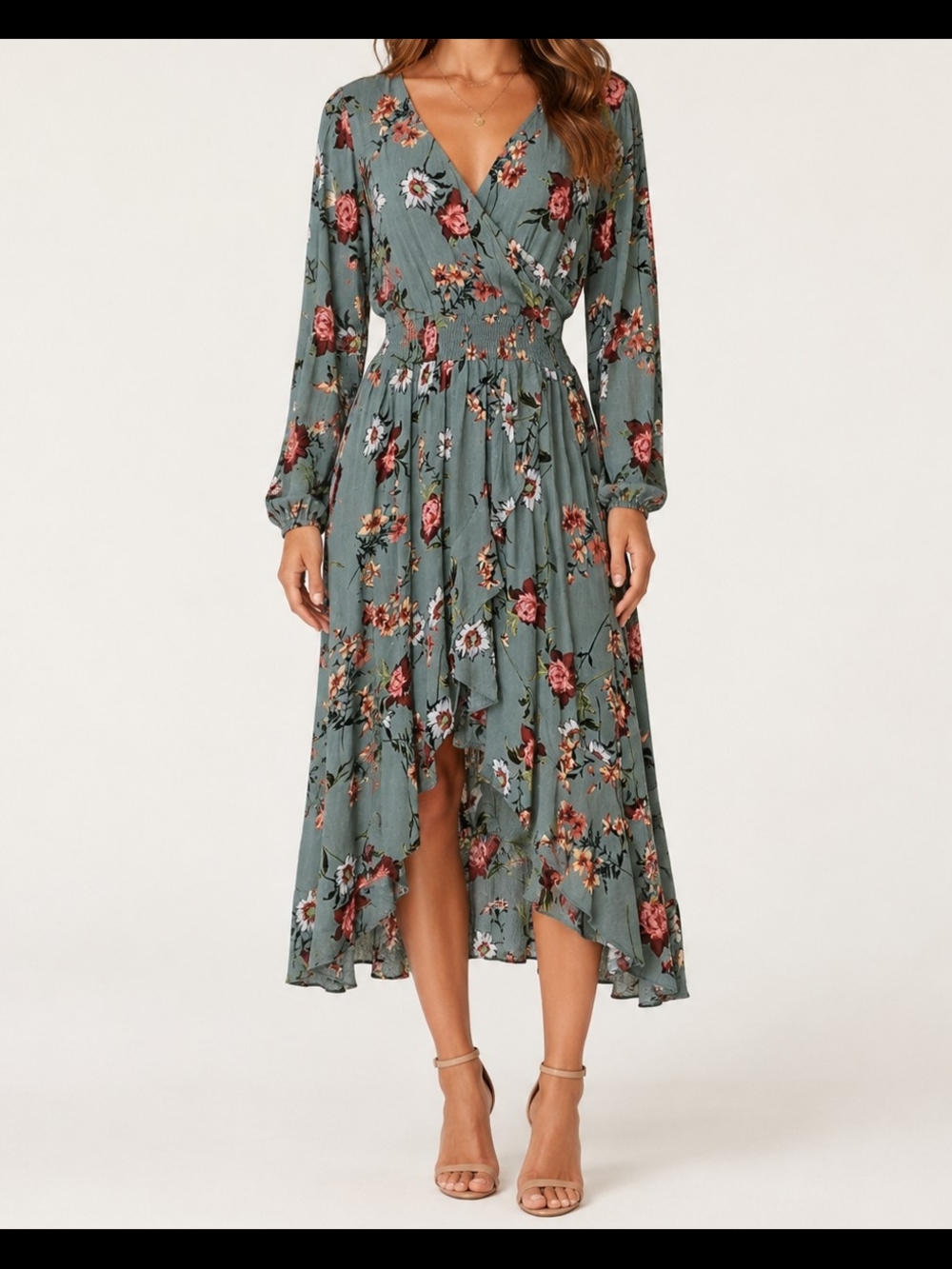Women's Floral Grey/Blue V-Neck Long Sleeve Wrap High-Low Midi Dress Size L